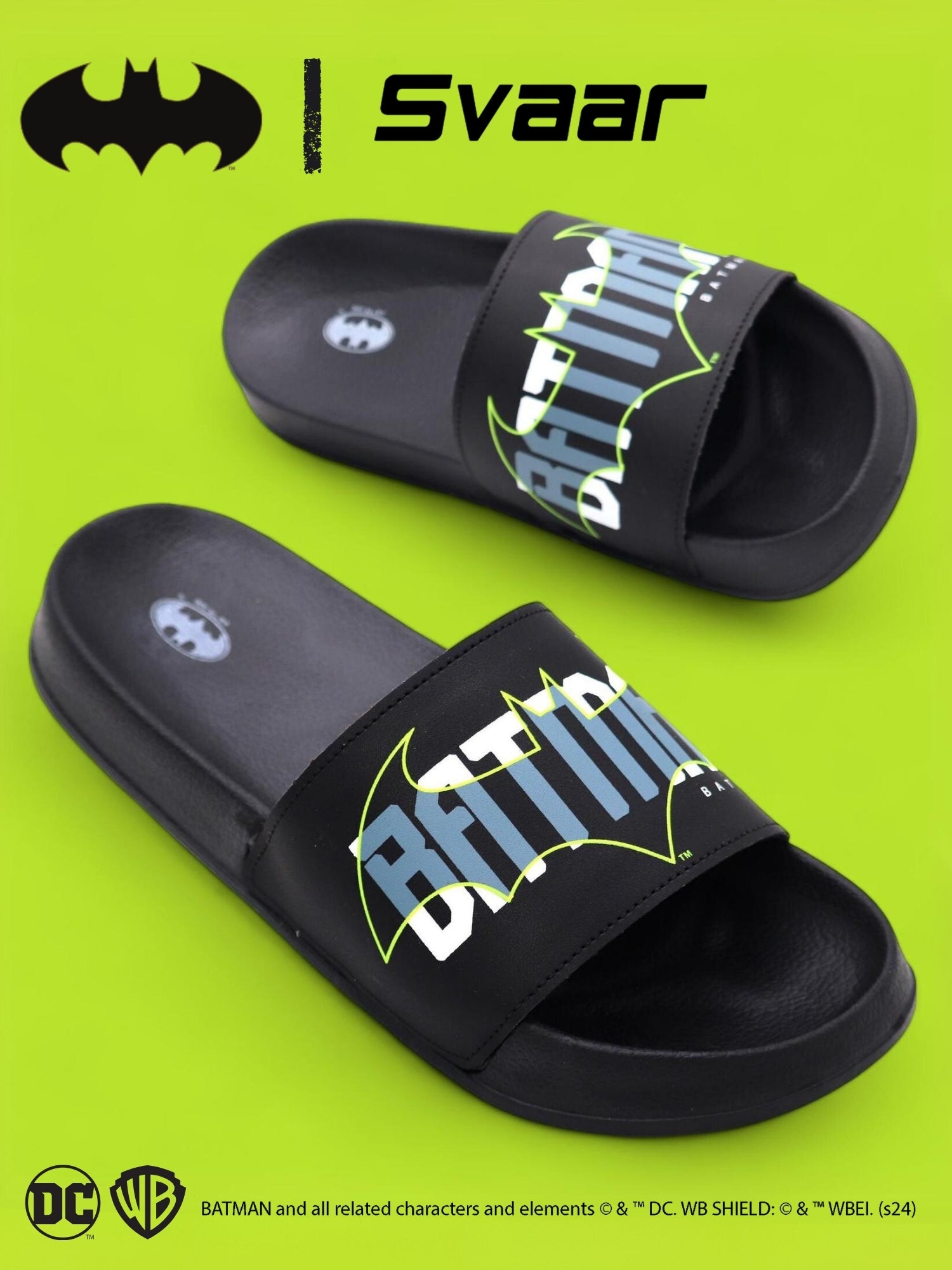 SVAAR Batman Edition Men's Black Sliders – Cushioned, Waterproof Flip Flops